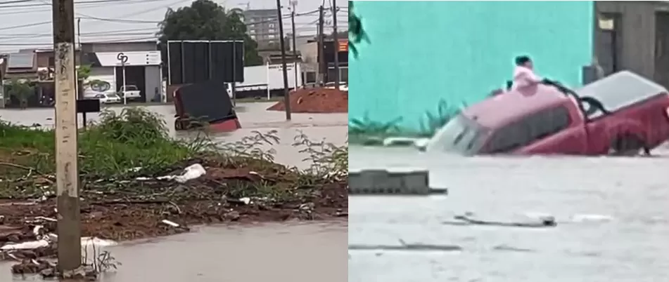 Fortes chuvas atingem cidade da BA; picape fica parcialmente submersa e moradores deixam veículo pela janela