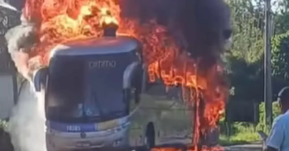 Ônibus pega fogo na BA-262, próximo a Uruçuca; passageiros saem ilesos